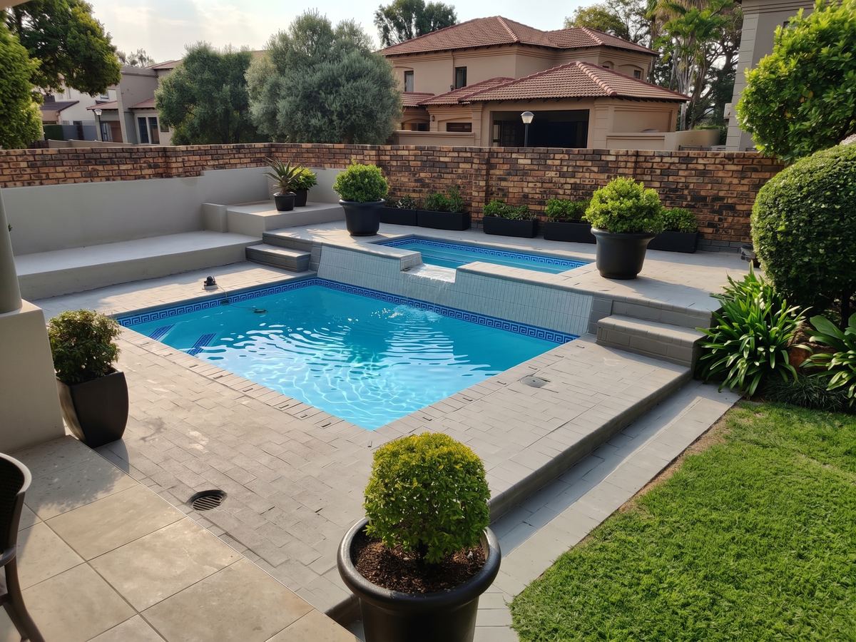 In-ground pool with Greek key tiles and a raised spa