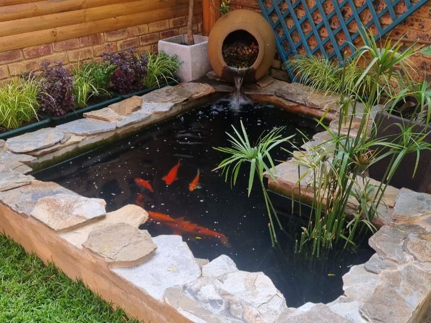Raised stone koi pond with orange koi