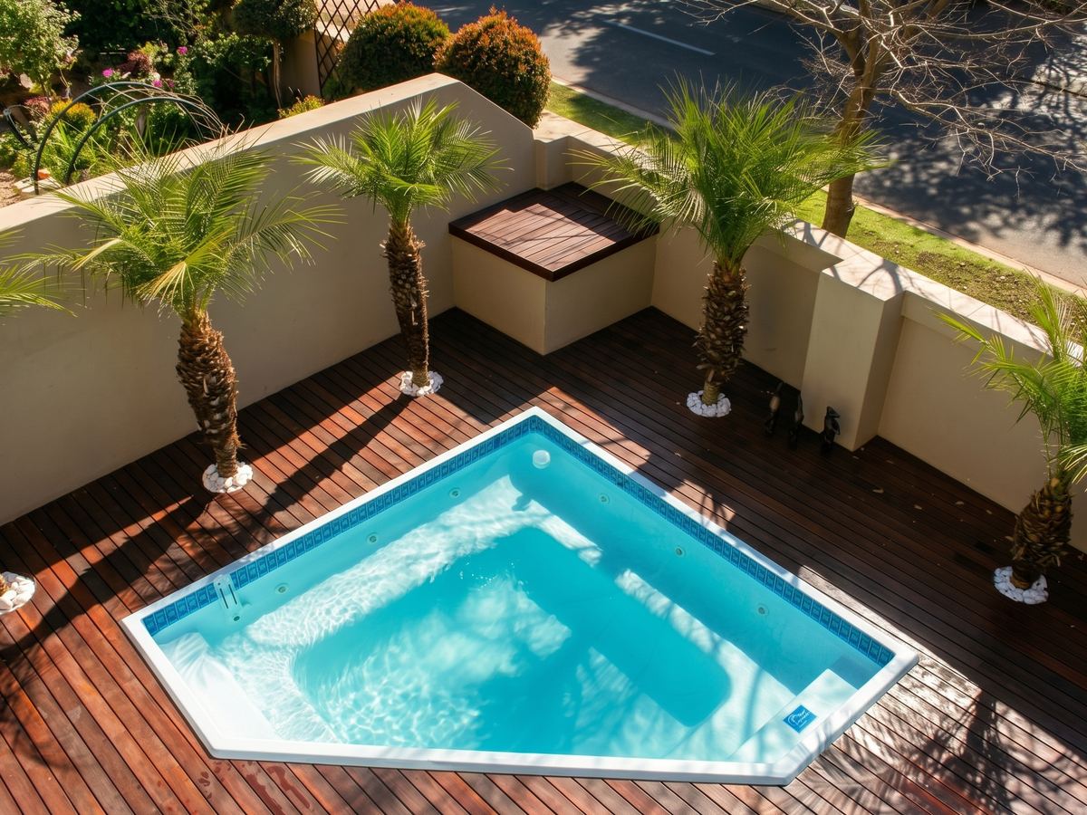 Pre-moulded fibreglass pool shell on a rooftop deck