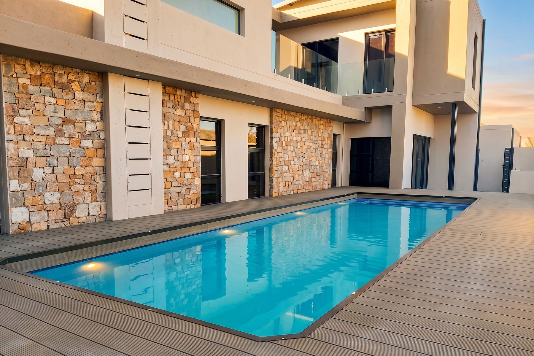 Modern swimming pool with composite decking