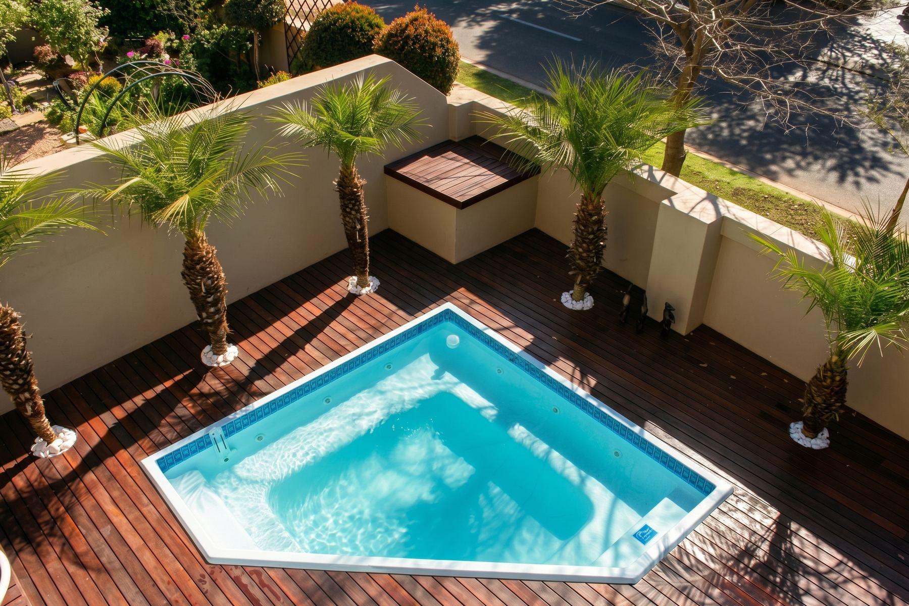 Fibreglass shell pool on a rooftop deck