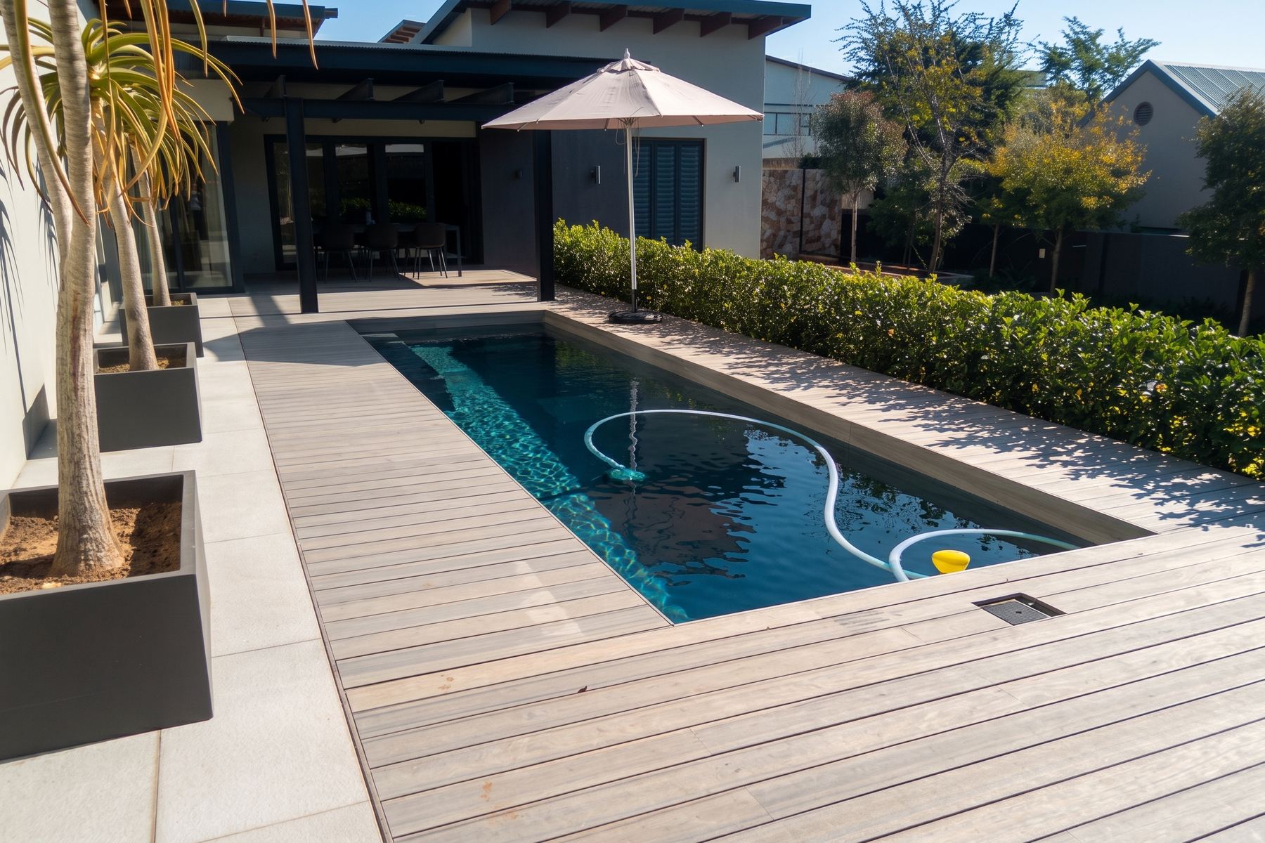 Dark-finish lap pool with timber decking and planters