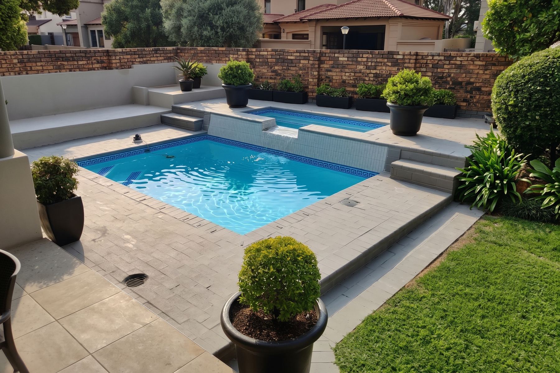Pool with Greek key tiles and a spillover from a raised spa